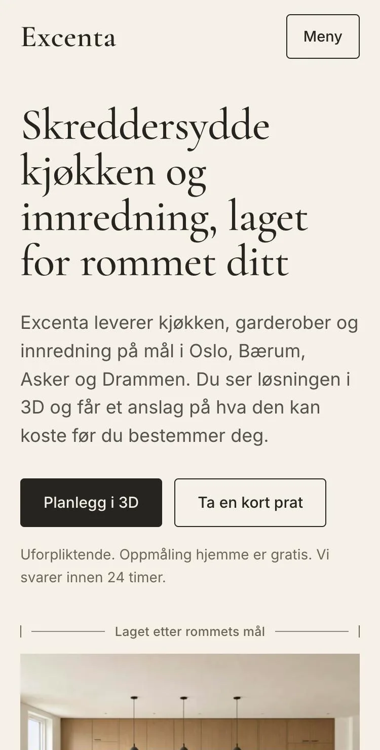 Forsiden til excenta.no på mobil
